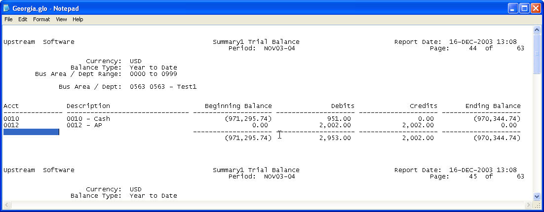 The image shows the contents of the Georgia.glo GL file. The file contains Subtotal rows that must not be imported.